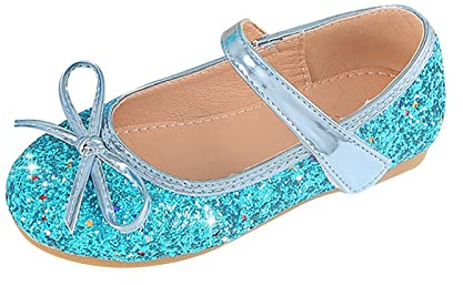Prinsessskor för flickor, glitterskor, glitter, Mary Janes skor, platta dansskor med fjärilskläder, balettskor, lätta kvällsskor med kardborreband, flickskor, blå, 34 EU