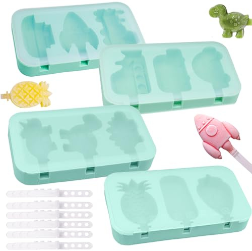 4 moldes de silicona para paletas de bebé, 3 cavidades, sin BPA, molde para helado, lindo dinosaurio, frutas, forma de coche, molde para hielo con tapa y 24 palos