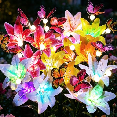 VEEKAY Luces Solares Exterior,4 Piezas 32 LED con Floración Flores Lirio,IP65 a Prueba de Agua,Luces Solares Led Exterior Jardin,para Jardines, Pasarelas
