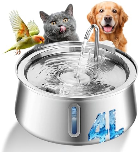 Selene Dog Water Fountain, 4l Stainless Steel Cat Water Fountain | Visual Water-Level, Ultra-Quiet Pump and 4-Stage Filtration System, Flexible Placement for Cats and Small Dogs