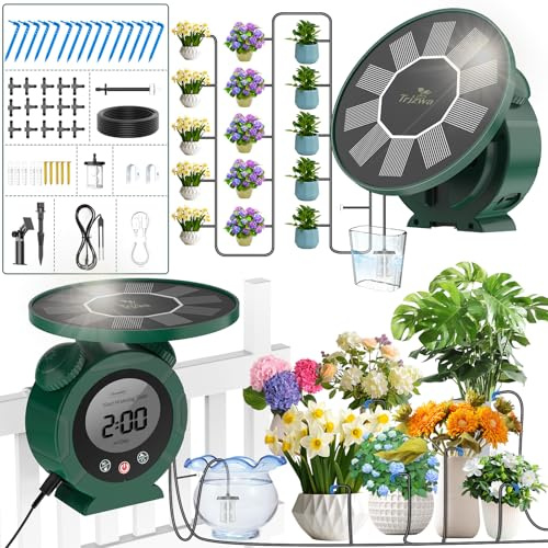 TRJZWA Solar Drip Irrigation Kit with Alarm Clock, Automatic Watering | Multiple Watering Programmes with 15 Drippers for Potted Plants, Balcony, Garden and Lawn, Solar Powered Irrigation System