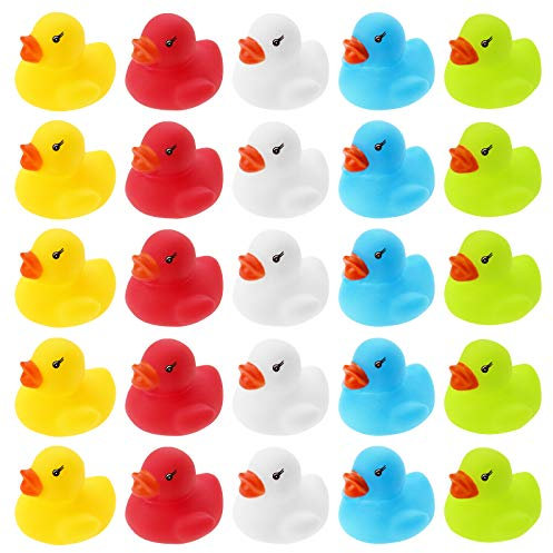 25 WELLGRO Badeenten - bunt (gelb, rot, weiß, blau, grün), je Ente ca. 3,5 x 3 cm (ØxH), Gummiente, im Netz