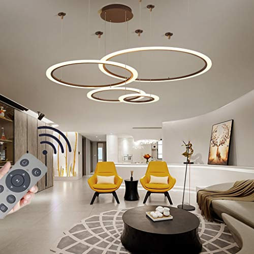 LED Pendelleuchte Kreativer Kreis Hängeleuchte Deckenleuchte Dimmbar Mit Fernbedienung Höhenverstellbar Schlafzimmer Hängelampe Wohnzimmer Kronleuchte Küche Kronleuchter,Braun,4ring30+50+70+90cm
