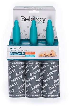 Beldray LA074416EU Pet Plus+ Lint Rollers - 3 Pack Handheld Lint Removers, 60 Sticky Paper Sheets Per Roller, Tear Off Sheets, Lift & Trap Pet Hair, Dust From Clothes & Furniture, Durable Handles