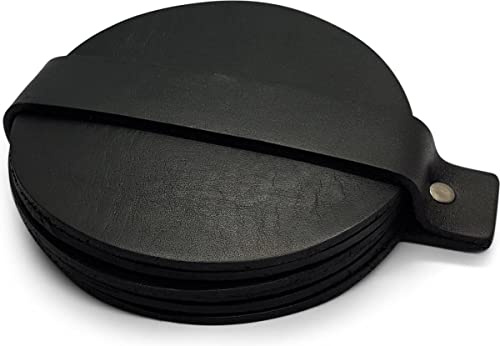 Brute Strength – Sottobicchieri in pelle – Nero – Rotondo – 6 pezzi | Sottobicchieri lavabili in cuoio pieno fiore per bicchieri e tazze; con cinghia per riporli ordinatamente