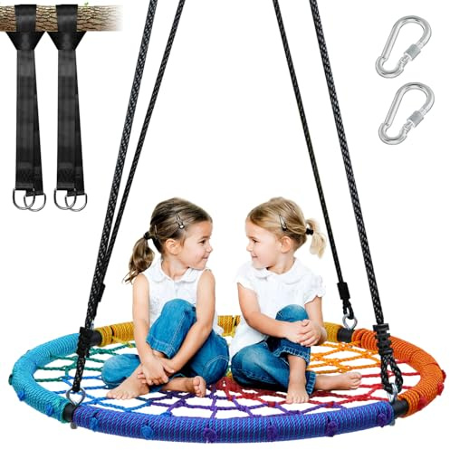 Trekassy 750lbs 40 Spider Web Saucer Tree Swing for Kids Adults, Outdoor Net Swing with Steel Frame and 2 Hanging Straps-Rainbow (Patented)