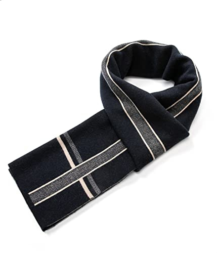 Villand Luxurious Mens Striped Merino Wool Scarf - Gift Box Wrapped Winter Soft Warm Thick Knitted Neckwear for Men (Navy Blue)