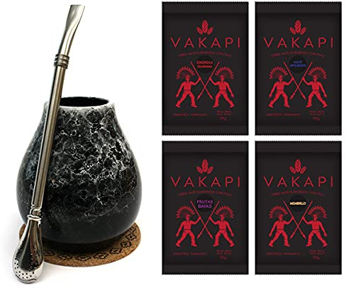 Mate Green Set de tasses à maté | Set de démarrage | Gobelet en céramique « Marmol Dark » 350 ml, acier inoxydable Bombilla, thé Vakapi Mate du Paraguay | Alternative à café | forte suggestion, bleu