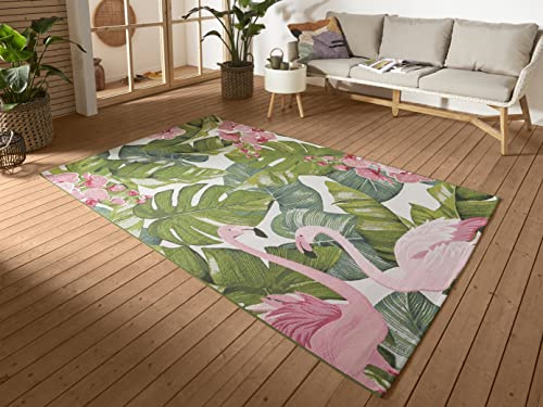 HANSE Home Tropical Flamingo Tappeto per interni ed esterni, tessuto piatto, design a palme floreali, certificato Öko-Tex resistente alle intemperie e ai raggi UV, per balcone, terrazza, giardino,