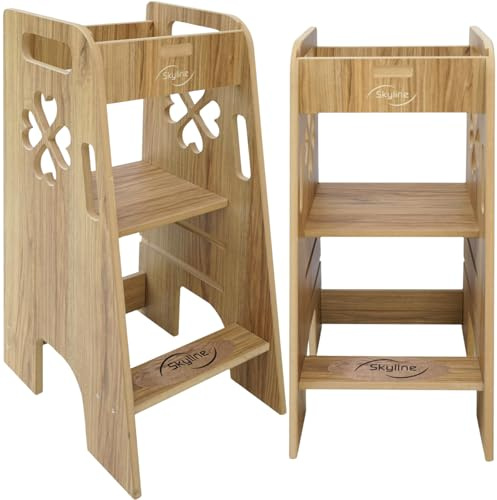 Skyline Steh Lernturm Baby ab 1 Jahr Montessori Learning Tower Höhenverstellbar Tritthocker Kinder Indoor Möbel Kinderzimmer Trittschemel Kitchen Helper Hochstuhl (Holzimitat mit Klee)