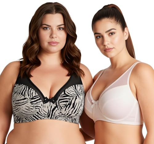 Curve Muse Donna Taglie Forti Reggiseno Minimizer Non Imbottito con Ferretto Cobertura Completa-Confezione da 2-Grey/Black,Cream-3D