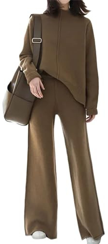 CzooM Conjunto De Ropa De 2 Piezas Para Mujer, Suéter Elegante Con Cuello Alto, Manga Larga + Pantalón, Conjunto De Gran Tamaño, Traje De Punto, Suelto, Cálido Para Invierno, Informal (Color : Brown