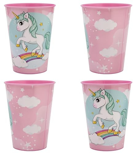 Palleon 4er Set Einhorn Kinderbecher – 260ml Trinkbecher aus BPA-freiem Kunststoff – Robust & Leicht – Ideal für Kindergeburtstag, Schule & Alltag – Bruchfestes Geschirr-Set für Mädchen & Jungen