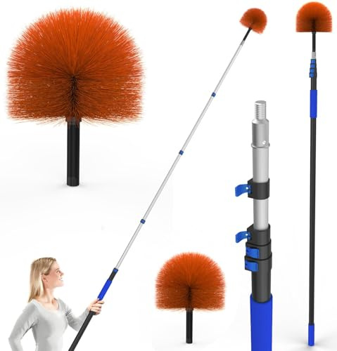SKGPOLE 26FT Reach Cobweb Duster, Outdoor Spider Web Cleaner Brush with 5-20FT Telescoping Extension Pole, Aluminium Heavy Duty, Medium Stiff Bristles Spider Web Brush for Outdoor & Indoor Cleaning