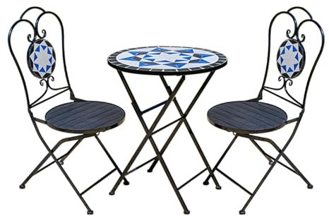 CAFIEDR 3-teiliges Patio-Bistro-Set, zusammenklappbares Gartenmöbel-Set für den Außenbereich, Balkonmöbel-Set für Terrasse, Deck, Pool, Fliesentischplatte, Eisenrahmen, Schwarz