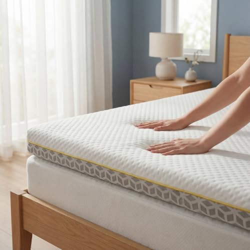 Brightr® Aurora Dual-Layer 5cm thick Memory Foam Mattress Topper King Size Bed, Orthopedic Bed Topper for Back Pain with Breathable Washable Copper Cover, Choose between Soft/Medium feel 150x200cm