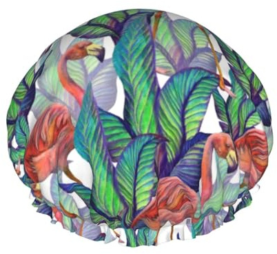 Wiederverwendbare Duschhaube für Damen, Badehaube mit Tier-Flamingo-Vogel, doppellagig, wasserdicht, Dusch-Haarschutz, verstellbares Gummiband, Duschhut für Home-Spa-Salon, Badehauben