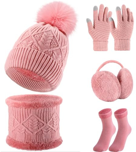 SATINIOR 5 Pcs Winter Hat Scarf Gloves Set Fleece Warm Lined Knit Beanie Hat Touch Screen Earmuff Gloves Warmer for Women(Pink,Chic Style)