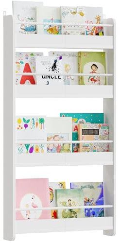 MAHANCRIS 4-stöckiges Kinder Bücherregal, Kinderregal, Wandregal für Spielzeug, Buch-Organizer aus Holzwerkstoff für Kinderzimmer, Kindergarten, Vorschule, Weiß ABKBW7601