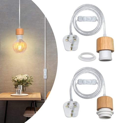 WPQIUZS 2 Pack Plug in Pendant Light, 500CM Transparent Cable, E27 Lamp Holder with Switch, Plug in Ceiling Light, Modern Hanging Light, Suspended Pendant Lighting Fitting for DIY Different Lampshade