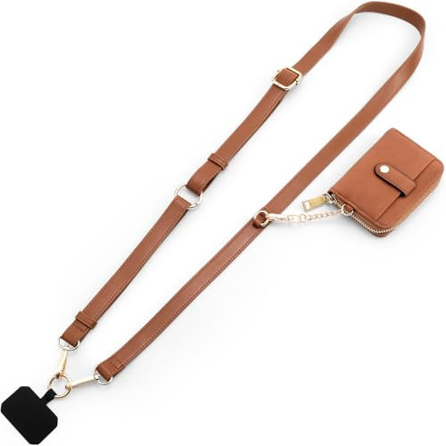 Diaclara Clip and Go Leather Phone Strap with Zipper Pouch- Stylish Crossbody Adjustable Lanyard with Wallet for All Phones, Leather Brown