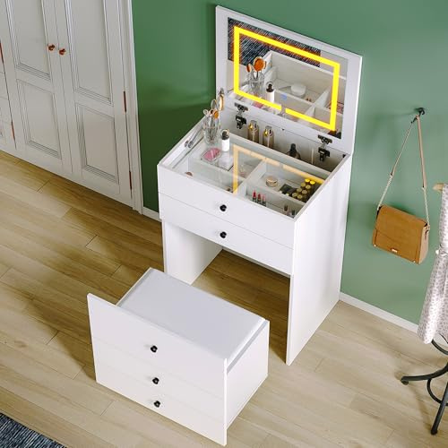 SUNXURY Kleiner Schminktisch mit aufklappbarem Spiegel, mit Stuhl und Schubladen, 3 Lichtfarben modi verstellbar, Kommode, Frisiertisch und Schreibtisch 3-in-1