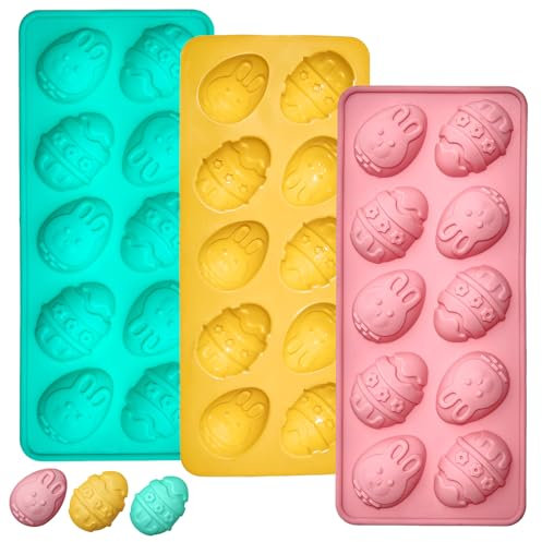 Moldes de gelatina de huevo de Pascua, paquete de 3 moldes de chocolate con forma de conejo, molde de silicona para chocolate, caramelo, gelatina, cera, magdalenas, magdalenas, decoración de pasteles