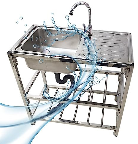 CZAOERXB Lavello da Giardino per Esterni, lavello Commerciale in Acciaio Inox a Vasca Singola, lavello di Servizio Indipendente con Rubinetto e scolapiatti, lavello per Preparazione e lavag