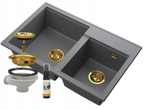 Granitan - Évier en granit Hektor - Gris - Double bac avec siphon doré - Design moderne - Peu encombrant - Avec imprégnation GraniProtect