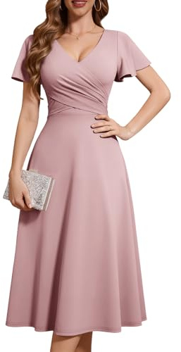 Fynadressr Womens Wedding Guest Semi Formal Cocktail Midi Dress Wrap V Neck Short Sleeve Party Prom Bridesmaid Evening Dresses Blush XL