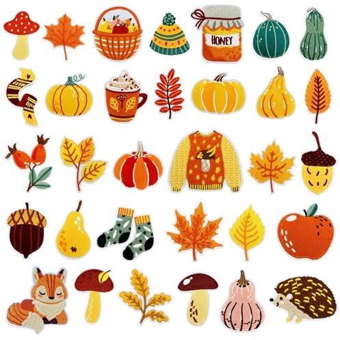 Attuslla 32 Stück Patches zum Aufbügeln aus Thema Herbst, Flicken zum Aufbügeln aus Herbstblatt Kürbis, Aufnäher für Kleidung, Hut, Jeans, DIY Zubehör