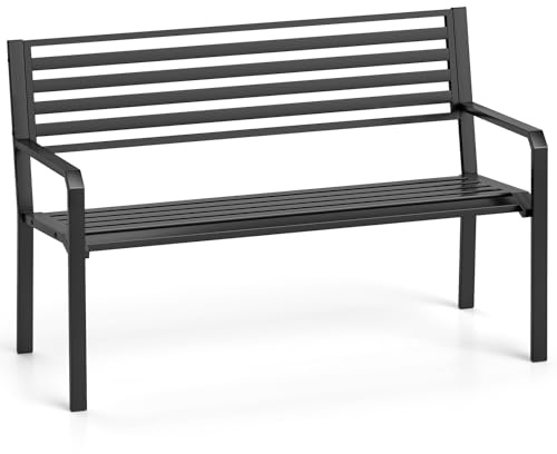 COSTWAY Banco Jardin para 2-3 Plazas, Banco Exterior de Metal, Respaldo de Listones y Reposabrazos Curvos, Terraza Patio Balcon, Carga 300kg, 127 x 56 x 82 cm, Negro