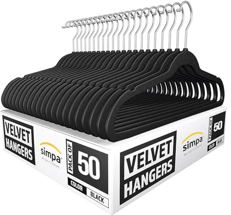 simpa Heavy Duty Velvet Non-Slip Suit Clothes Shirts Hangers 360 Degree Swivel Hook 50-Pack, Black/Silver
