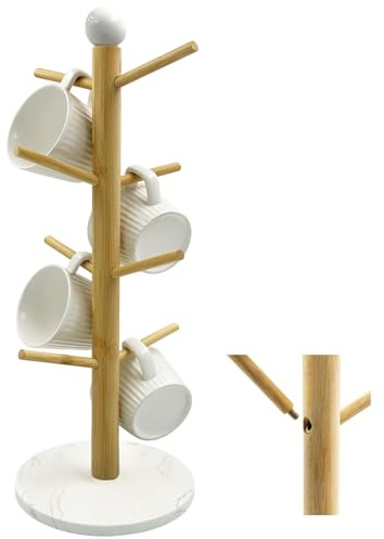 SNAIL GARDEN Screwed-in 8 Hooks Coffee Mug Holder, Marble Base Mug Tree with Ceramic Handles, Wooden Coffee Cup Rack, Cup Stand for Counter Bar Accessories and Decor