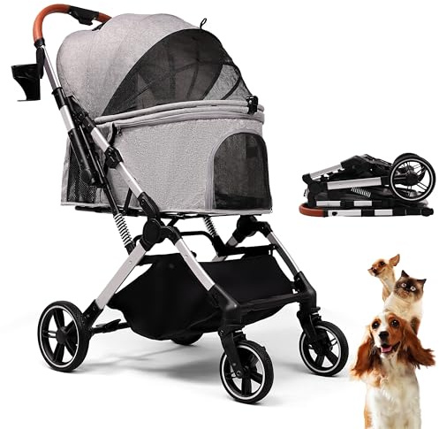 Bicystar Pet Stroller for Small Medium Dogs Cats Up to 45 lbs, Travel Lite Collapsible, All Terrain 4 Wheels for Jogging, Running, Grey