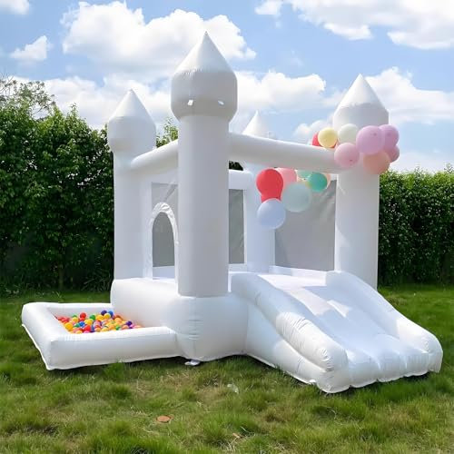 Weiß Hüpfburg mit Rutsche Geeignet für Kinder von 3 Bis 12 Jahren, für Drinnen und Draußen, mit Gebläse, Ideal für Partys und Hochzeiten
