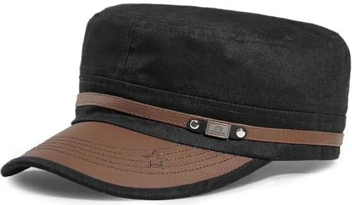 LXOrdora Men Flat Top Hat Cadet Army Cap Cotton Military Cap Black | Twill Fabric, Baseball Style, Breathable, Military Inspired, Daily Wear