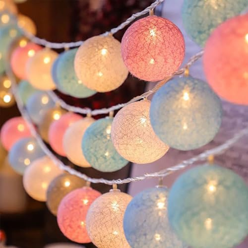 LED Lichterkette Baumwollkugeln,1.5M 10LED Baumwollkugeln Lichterkette,Batteriebetrieben,Cotton Ball Lichterketten für Weihnachten Hochzeit Kinderzimmer Party Deko(Farbig, 1.5M 10LED)
