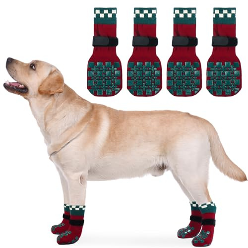PUMYPOREITY 2 Paar Pfotenschutz Hund, Weihnachtliche Socken Hund Pfotenschutz Verletzung Outdoor Pfotenschützer Anti Rutsch Pfotenschutz für ältere Hunde(Rot, XL)