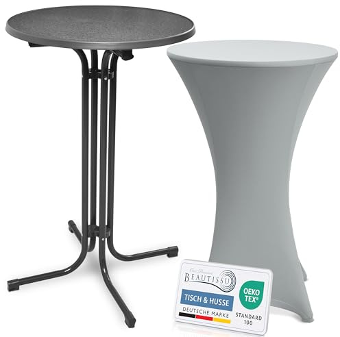 Beautissu Klappbarer Stehtisch 70cm mit Stretchhusse Outdoor Bistrotisch | Grau Silber rutschfest waschbar & bügelfrei Hussen Kratzfest Wetterfest Partytisch Gartentisch Bistro Bellini & Stella