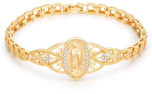 FLHEART Bracelet Catholique pour Femme Doré - Acier Inoxydable Plaqué Or 14K Vierge Marie en Zircone Cubique Gourmette Chaîne À Maillons Carrés Religion Porte-Bonheur Cadeaux pour Baptême Femmes