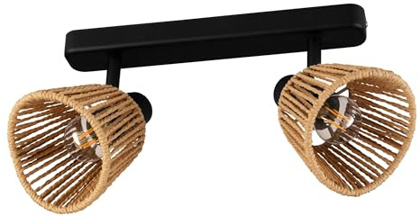 EGLO Deckenlampe 2-flammig Keelby, Deckenstrahler Wohnzimmer | Spot Deckenleuchte aus Stahl in Schwarz, Bast Papier in Naturfarben, E14 Fassung