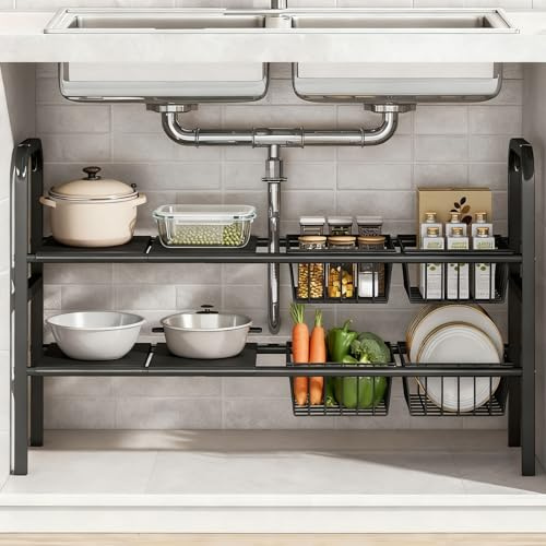 Chingcoo Spülschrank Organizer 2 Etagen, Erweiterbarer Unter Spüle Organizer (68–91 cm), Küchen Organizer mit 4 Körben & 4 Paneelen, Küchenregal für Badezimmer, Küche & Unterschrank (Schwarz)