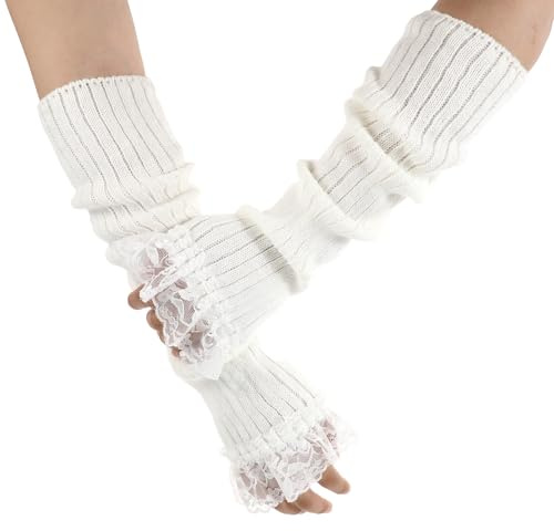 CIATBYYJ Arm Warmers for Long Sleeve Fingerless, Y2K Cool Girls Arm Covers, White Cute Lace Arms Sleeves Harajuku Knitted, Gothic Punk Hip Hop Halloween Accessories (White)