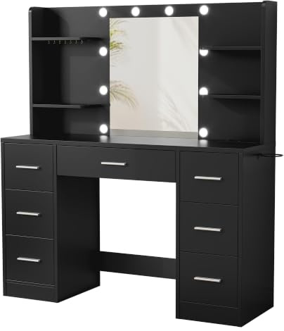 VFU Schminktisch mit Verstellbarer LED-Beleuchtung, Spiegel, 2 Steckdosen & 2 USB-Anschlüsse, 7 Schubladen mit Metallführungen, Schmuckhaken und Föhnhalter, Schwarz