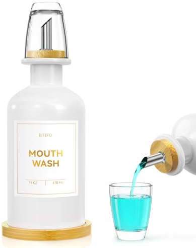 Dispensador de enjuague bucal de vidrio para encimera de baño, 410 ml, recargable con boquilla de acero inoxidable y vasos de enjuague bucal, bandeja de bambú, decoración moderna para el hogar