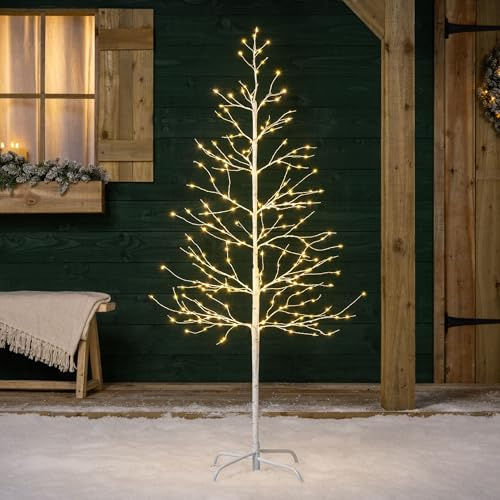 Christow White Twig Tree With Lights 5ft, Light Up Outdoor Christmas Tree, Pre Lit Indoor Birch, Warm White Micro LED, Mains Operated (240 LED)