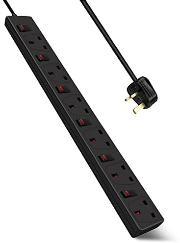 ExtraStar 6 Way Surge Protected Extension Leads 2M, Wall Mounted Power Strips with Individual Switches 13A UK Plug, Black Extension Socket for Home and Office