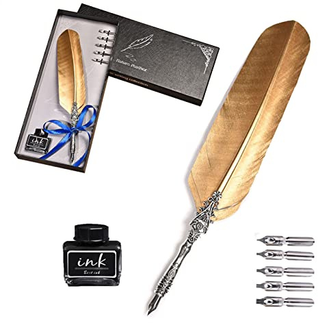 AOKUY Schreibfeder Vintage Federstift Tinte Set Antiken，Dip Pen Kalligraphie Stift für Kinder Freund und Antique Desk Decor (Mit Tinte)