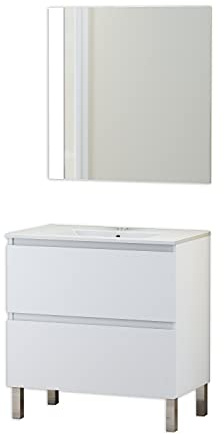 Baikal Conjunto Mueble de Baño con Lavabo y Espejo, con Patas, en Varios Acabados, Melamina 16. Puerta + Cajón 80 cm Blanco